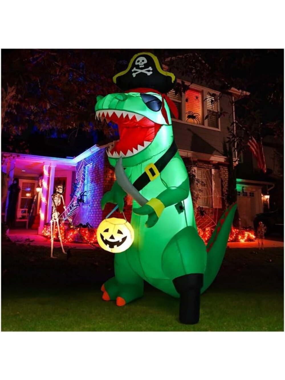 7 FT Inflatable Dinosaur Halloween Decoration with LED Lights - Pirate & Pumpkin